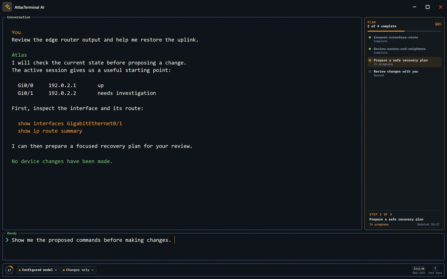 The Atlas Terminal AI assistant with a sample conversation and task plan