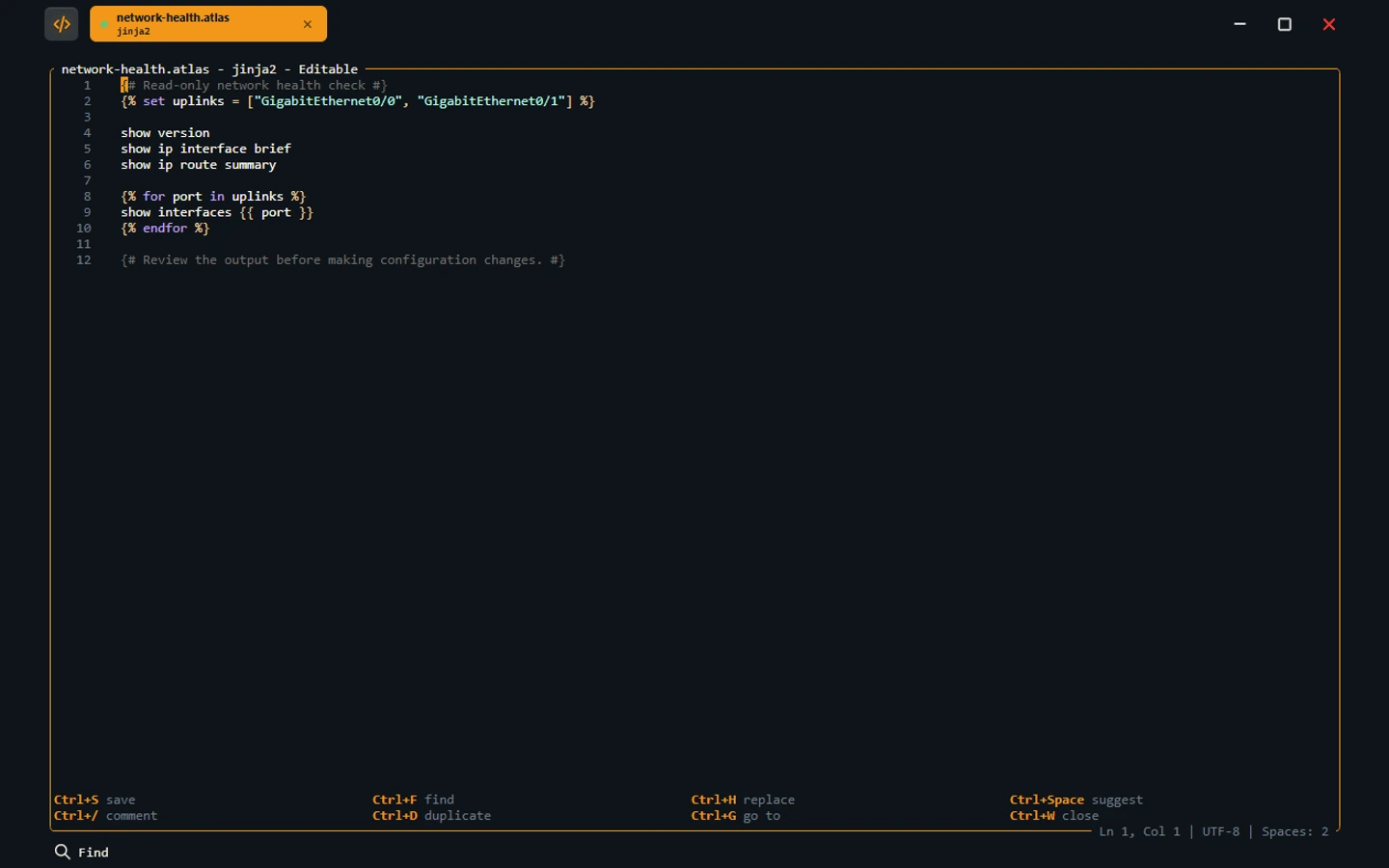 The actual Atlas Terminal editor with a read-only sample Jinja2 script