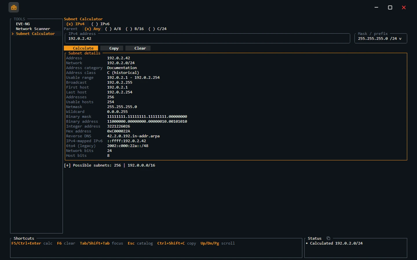 Atlas Terminal's built-in Subnet Calculator using a documentation network