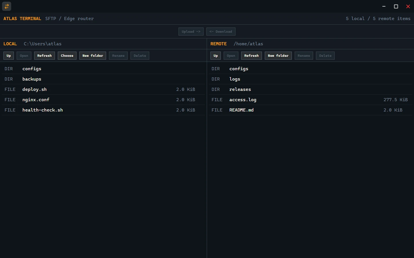 The Atlas Terminal SFTP window with sample local and remote files